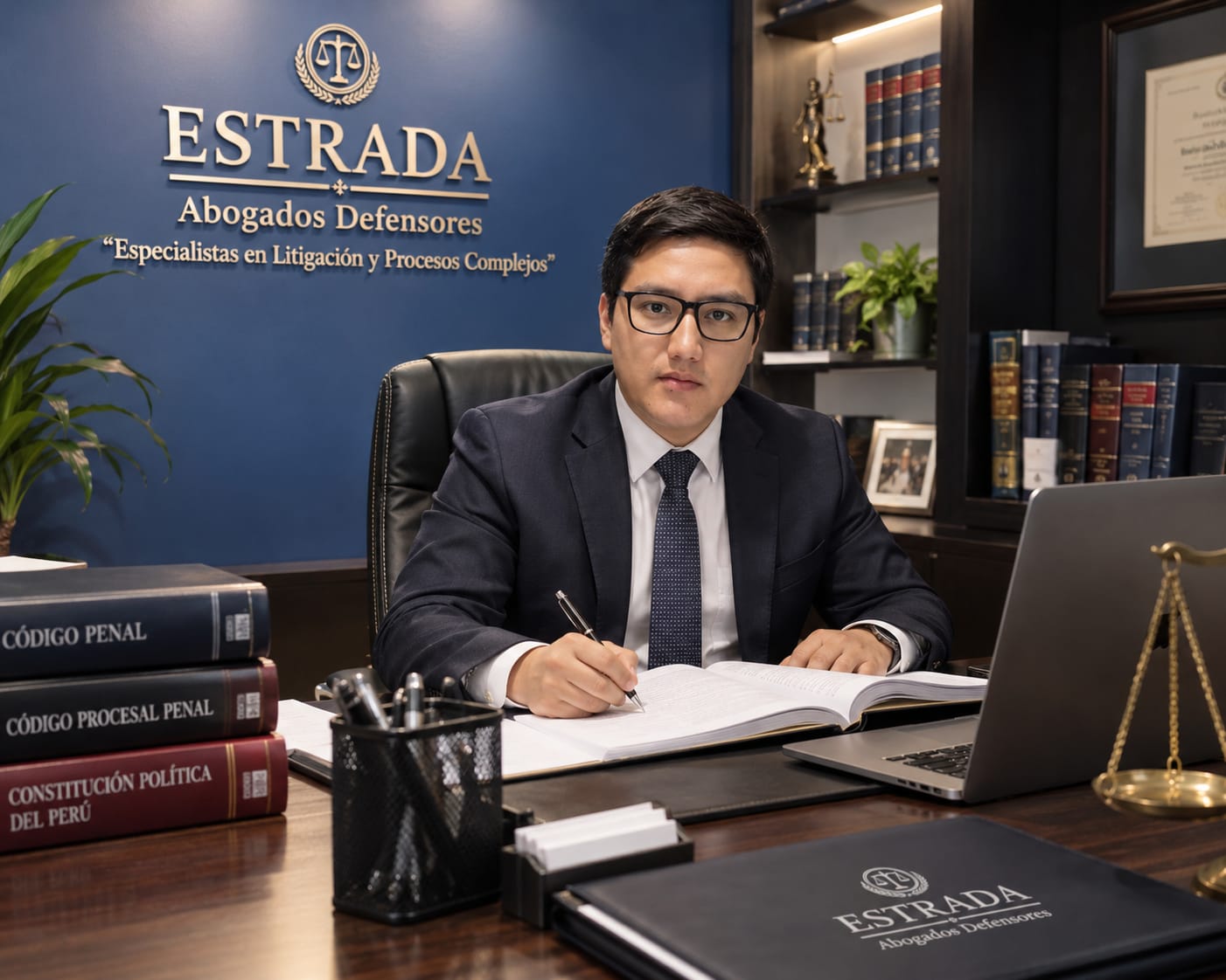 Dr. Juan Carlos Flores Estrada sentado en su oficina jurídica